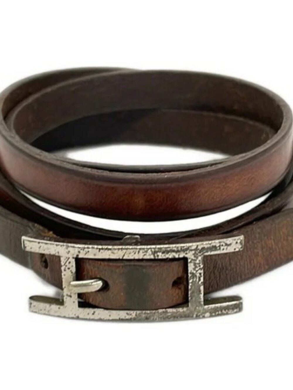 HERMES Hapi 3 Dark Brown Silver Leather Hardware Unclear Bracelet